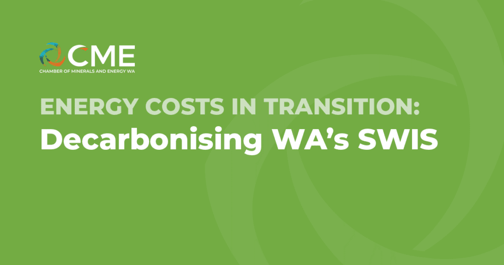 CMEWA logo and green background promoting energy costs in transition and decarbonising Western Australia’s Sustainable Water Infrastructure System (SWIS).
