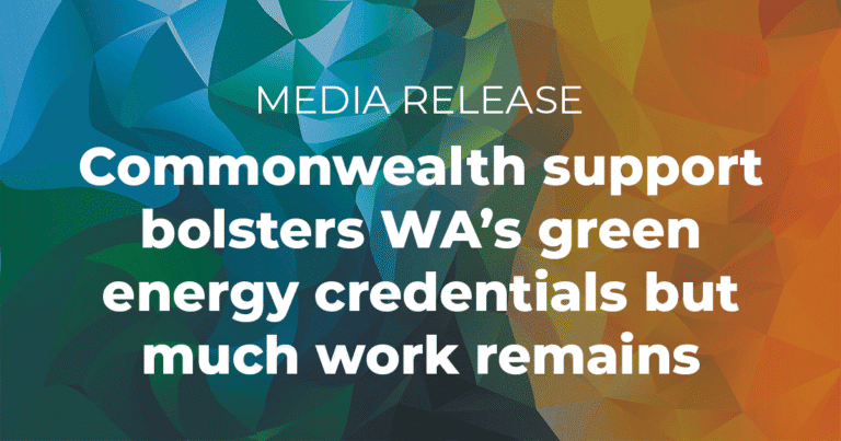 CMEWA media release banner emphasizing support for WA's green energy credentials with a colorful abstract background, highlighting community efforts and sustainable energy progress.